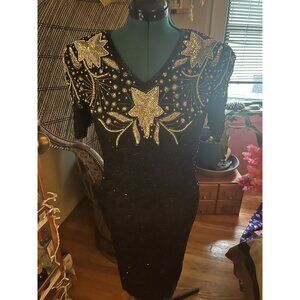 Vintage 80s Black Heavily Beaded with Sequins 100% Silk S/S Dress with V-Neck +